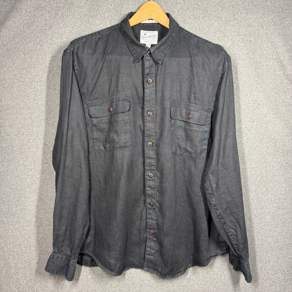 Y2K Inspired Lucky Brand 100% Linen Shirt Men's XL Charcoal Black Button Up - Picture 3 of 10